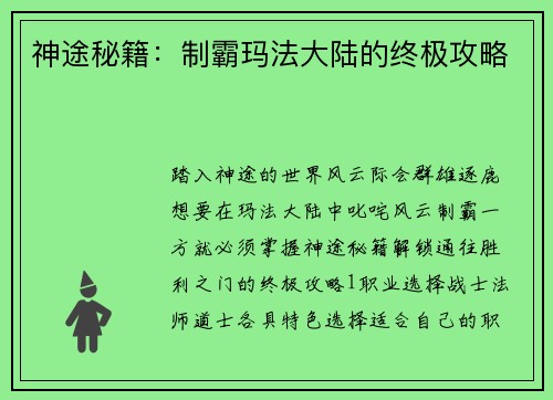 神途秘籍：制霸玛法大陆的终极攻略